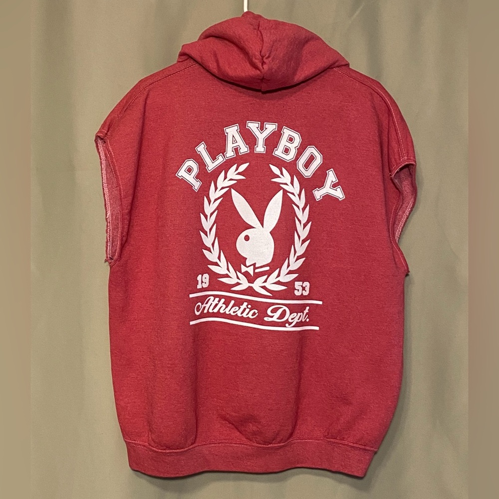 Playboy 1953 Athletic Department Crest Hoodie Sleeveless Cranberry red Men’s XL